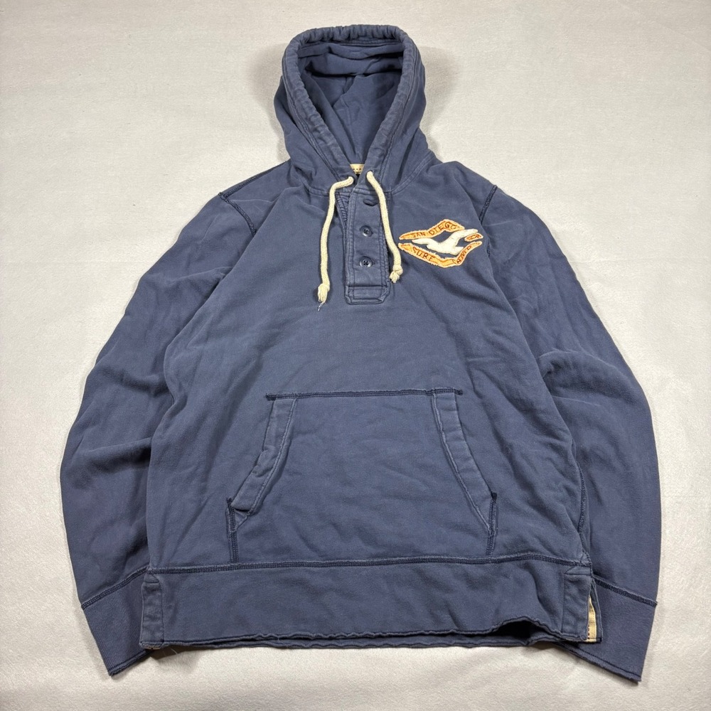 Hollister Mens XL Navy Blue Henley Hoodie San Diego Surf Camp Seagull Logo